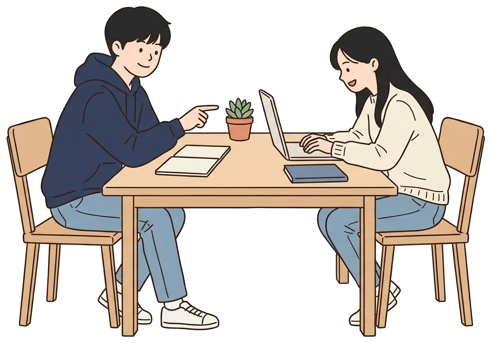 한 책상에서 노트북으로 추천 결과를 같이 보는 학생 두 명